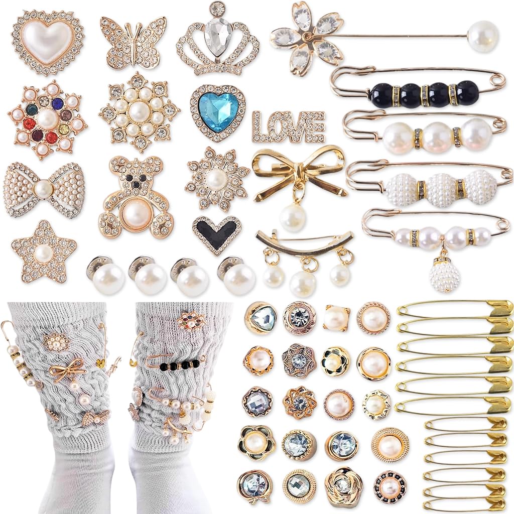 MAYCREATE Pearl Pin Brooches for DIY and Fashion Use featuring 55 pcs with Secure Closure | Alloy and Rhinestone Design