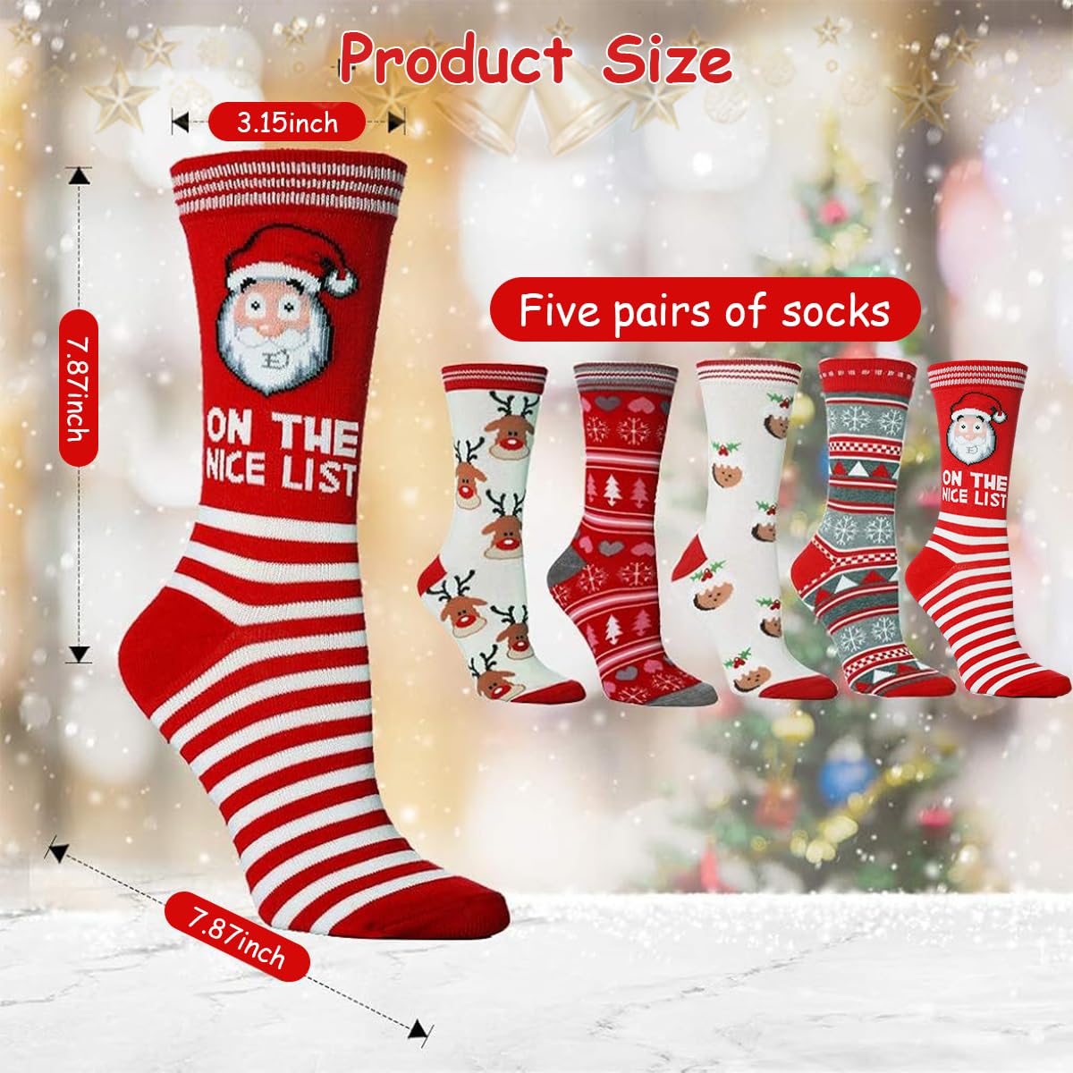 GUSTAVE® 5 pcs Christmas Socks for women, Winter Socks for Women Cute Cotton Knit Socks, Christmas Gifts