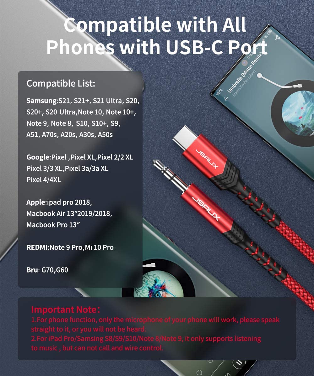 JSAUX USB C to 3.5mm Audio Cable for Car and Headphones 3.3ft with Smart DAC Chip | Nylon Braided