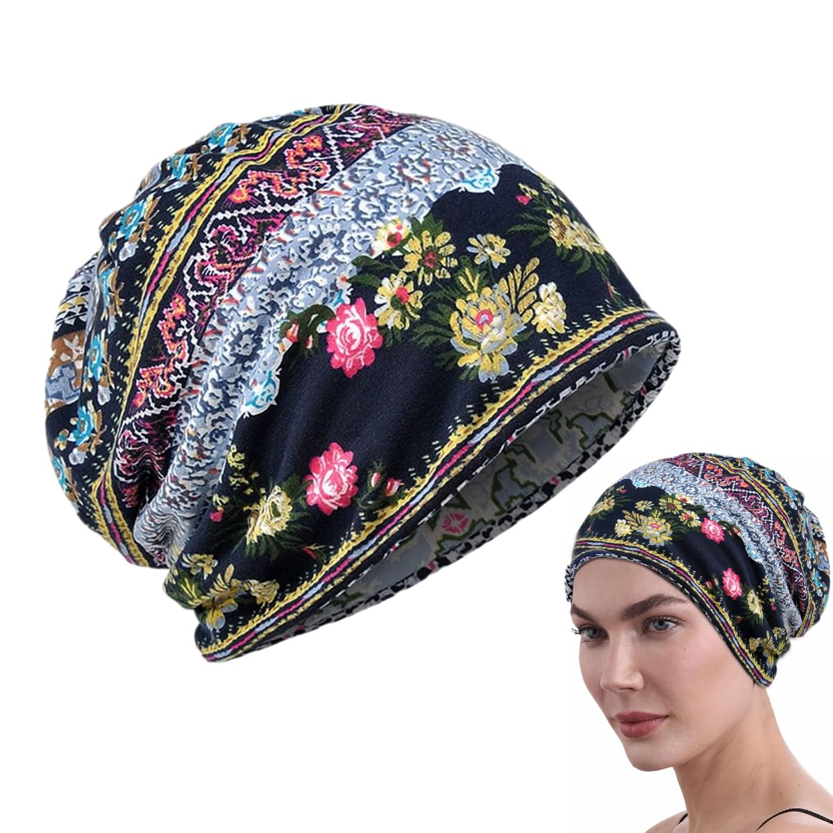 PALAY® Hijab Caps for Women, Floral Print Chemo Cap Slouchy Beanie Cap for Women, Fashion Hip-Hop Skull Dwarf Hats, Boho Soft Running Head Scarves for Teen Girls - All Season Use Blue