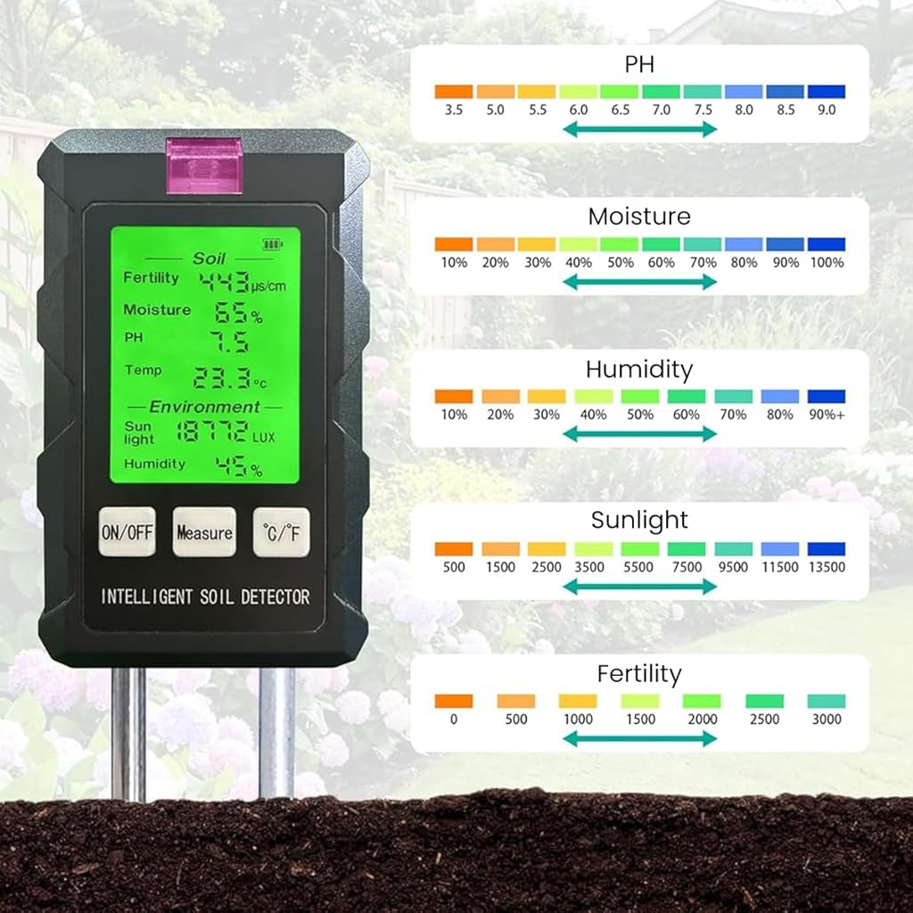Serplex® 6 in 1 Professional Soil Meter for PH Moisture Temp Sunlight Intensity Conductivity Humidity Testing Probe Sensor Analyzer Detector for Lawn Farm Gardening Tool Battery Not Included 3 PCS