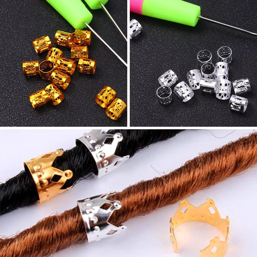 HASTHIP Dreadlock Crochet Hooks Set for Braiding with 2 Sizes and 30 Crown Charms | Gold & Silver
