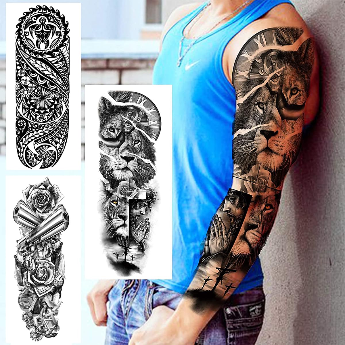 MAYCREATE Temporary Tattoos for Men and Women with 6 Waterproof 48×17 cm Sheets | Lion, Wolf and Skull Designs