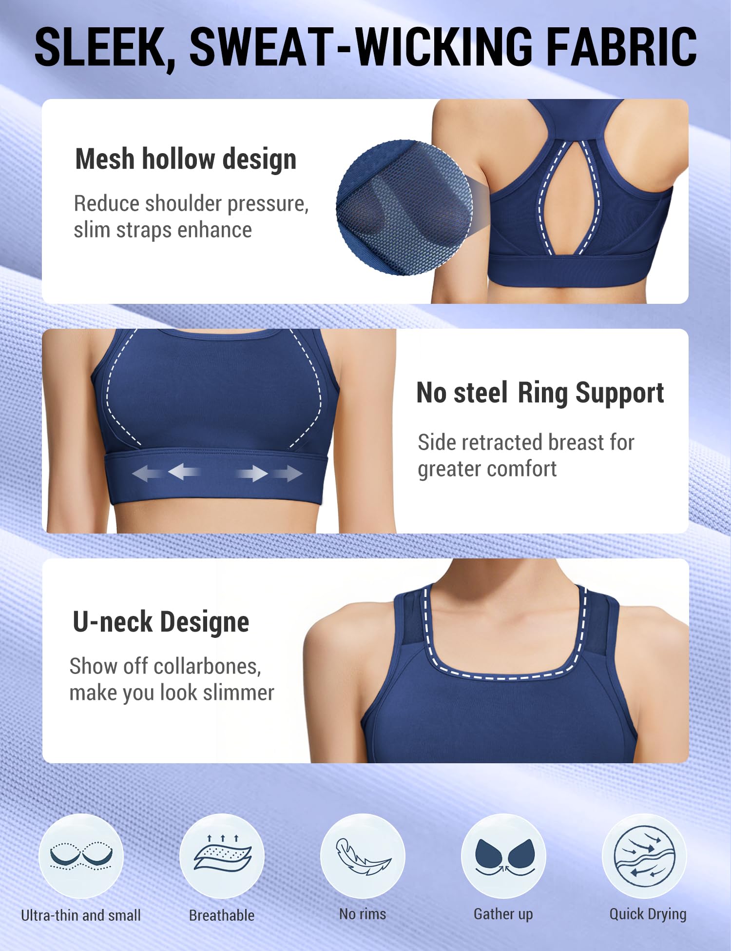 Venzina Sports Bra for Women with Removable Pads featuring Breathable Mesh | Navy Blue