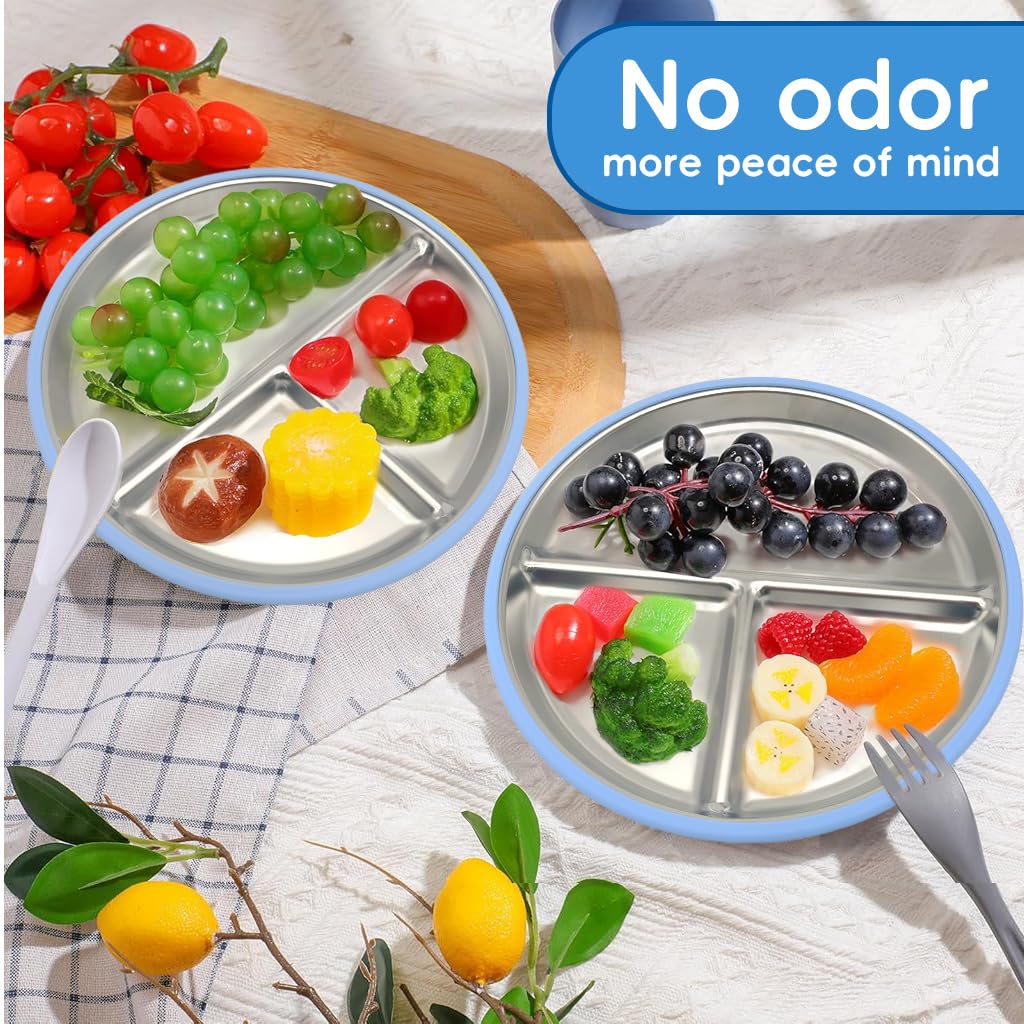 HASTHIP Kids Food Plate for Toddlers Self Feeding with Suction Cups 9 in 3 Compartment Stainless Steel