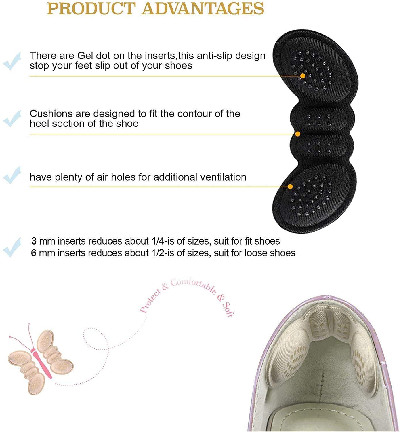 MAYCREATE® 4 Pair Fabric Sticky Shoe Back Heel Insoles Protector Liner Pads Sponge Cushion Shoe Pads Liner Back Heel Inserts Insoles Heel Grip Liners Sticker