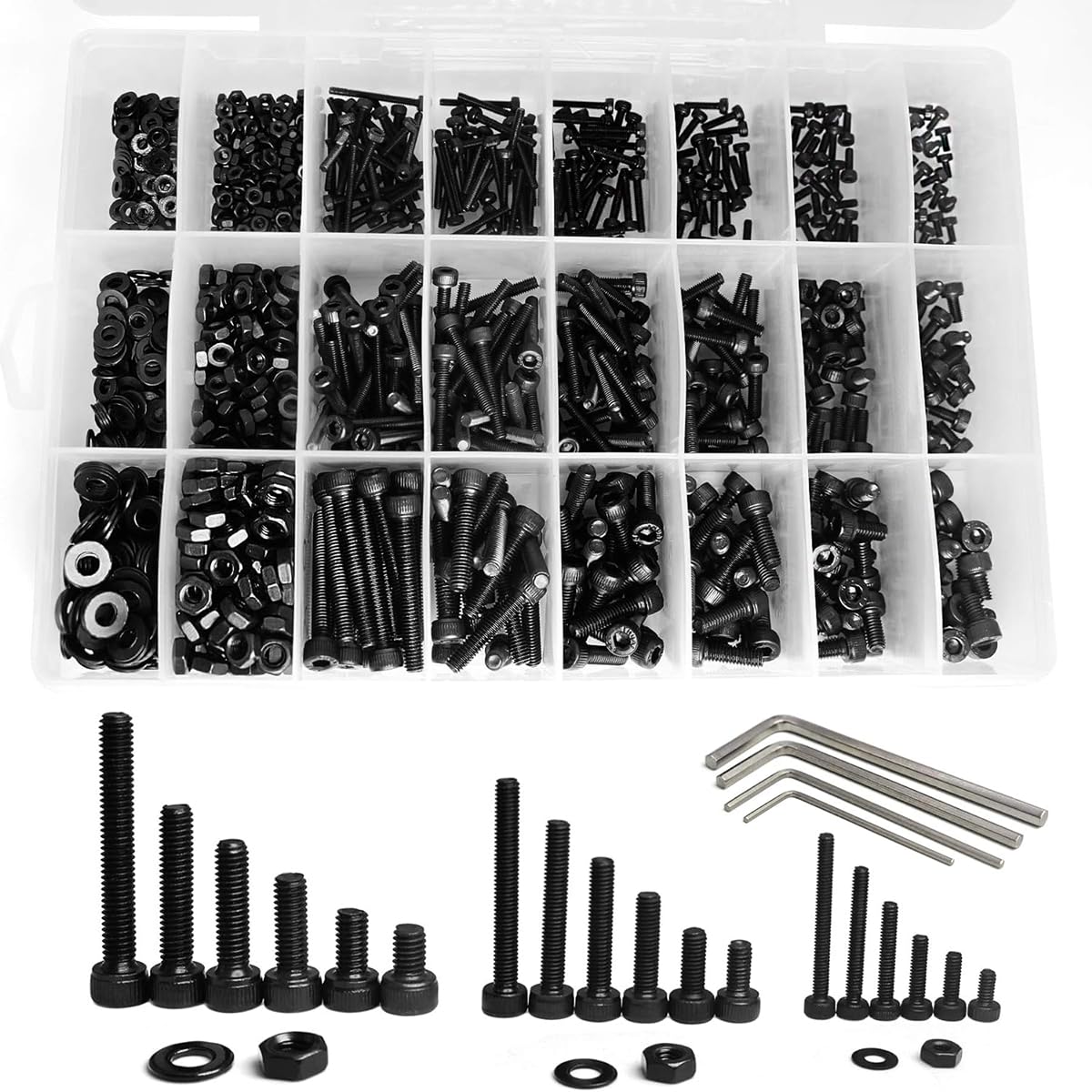 Serplex® 1230Pcs Hex Screw Set M2 M3 M4 M5 Screws Nuts and Washers Assortment Black Zinc Palted Alloy Steel Screw Hex Socket Head Cap Metric Bolts and Nuts Kit