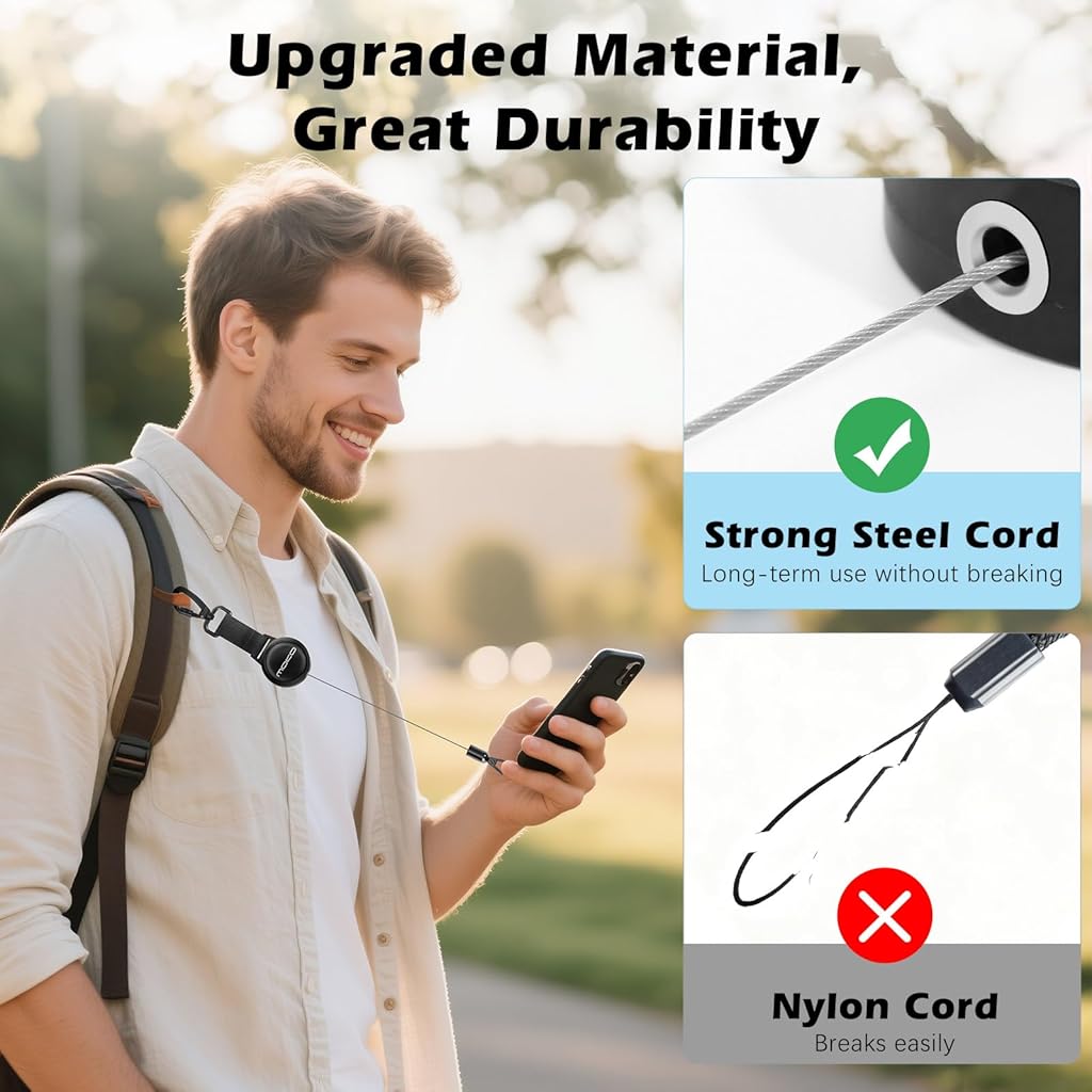 ELEPHANTBOAT® 23.6in Telescopic Phone Holder with Metal Carabiner & Swivel Tether Tab, Steel Wire Extendable Cell Phone Mount Multipurpose Badge Holder ID Card Holder