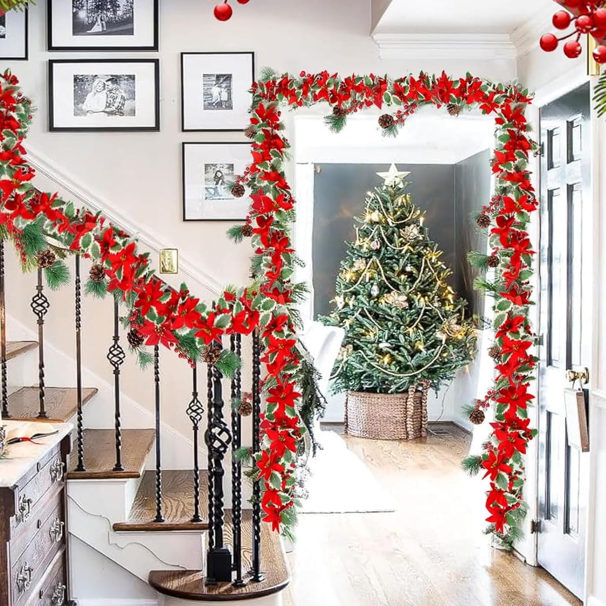 HASTHIP Christmas Garland 5.8 ft for Tree Door and Wall featuring Velvet Poinsettias & Holly | Festive Home Decor