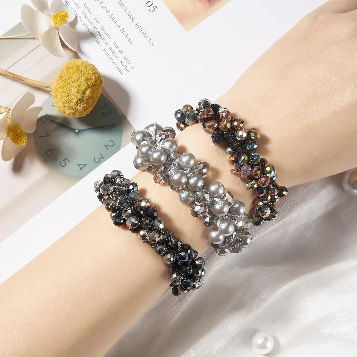 PALAY Hair Scrunchies for Women featuring Rhinestone Bead Bands 3 Pack | Elegant Bun Holder