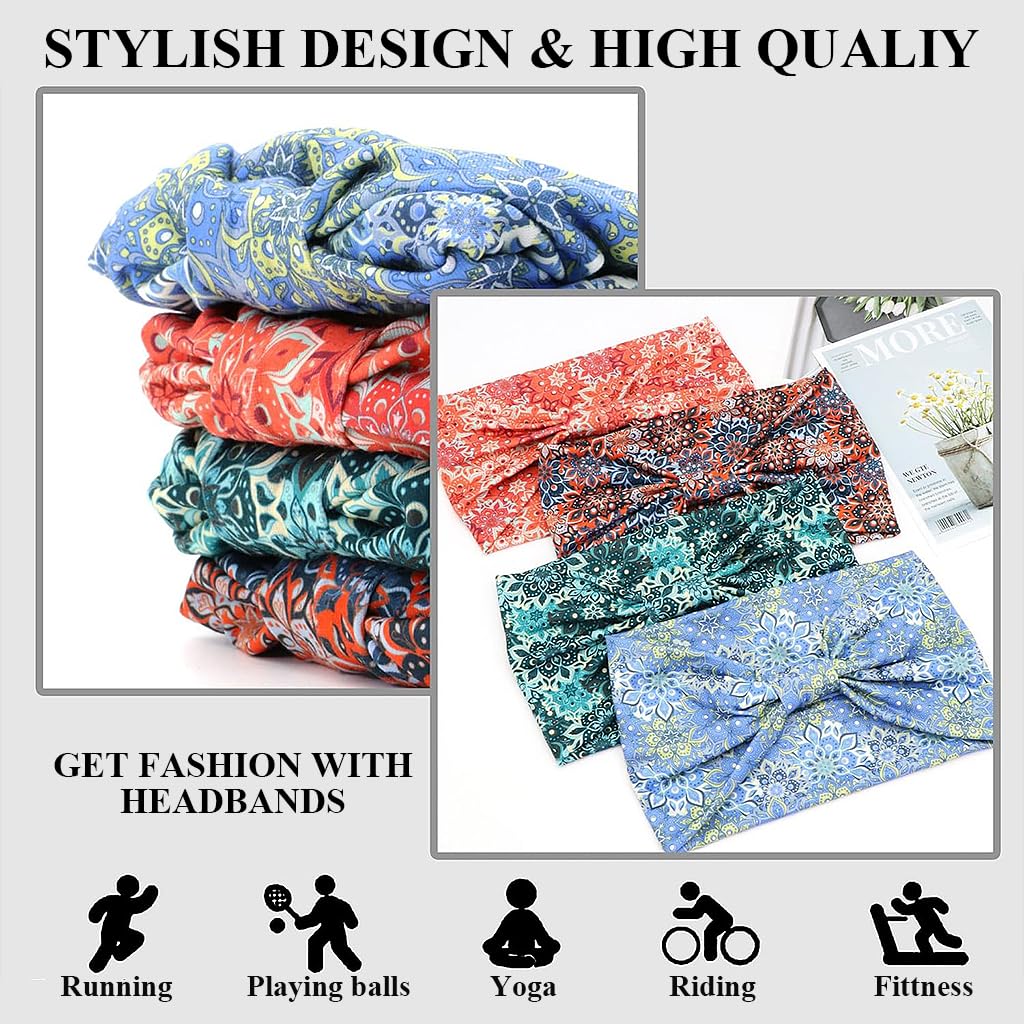 SANNIDHI Headbands for Women featuring 4 Floral Boho Designs with Stretch Fabric | Yoga and Workout Hair Wraps