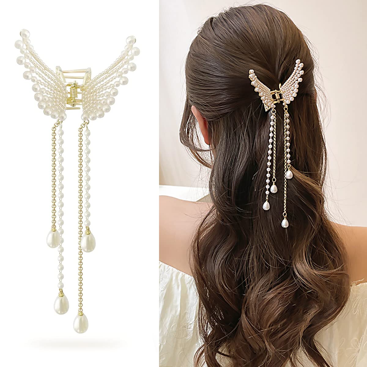 SANNIDHI Butterfly Hair Clips for Women with Crystal Pearl Tassel Design | 1 Pack