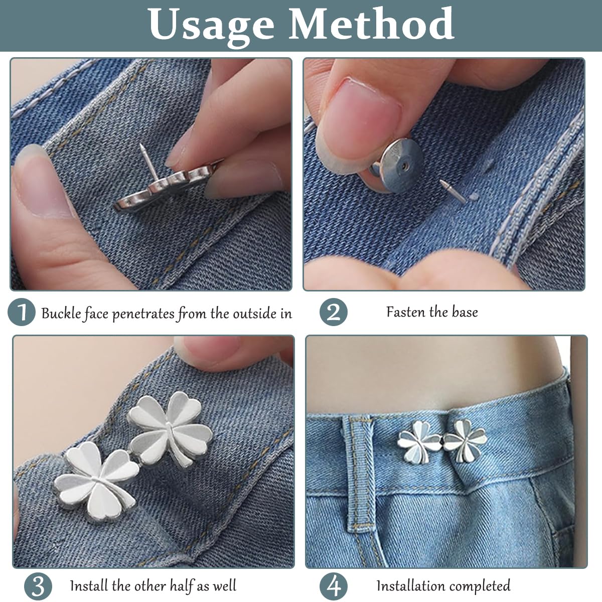 Venzina® 2 Sets Adjustable Waist Buckle for Unfit Jeans Pants, Pants Size Adjuster Four Leaf Clover Metal Jeans Button Pins Waist Tightener, No Sewing Waist Adjuster for Pant, Skirt