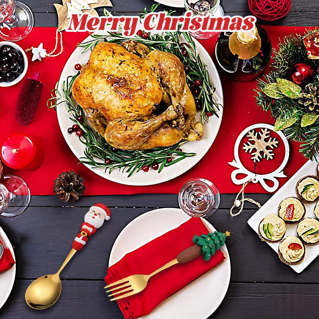 HASTHIP Christmas Spoon and Fork Set for Festive Dining with Santa and Tree Toppers | 2PCS Gold Stainless Steel Flatware in Gift Box