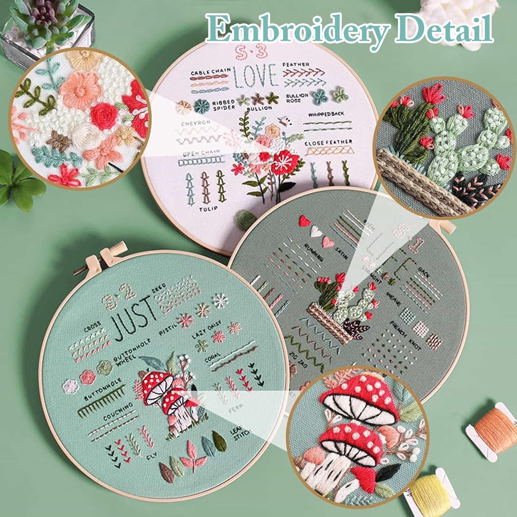 ZIBUYU Embroidery Kit for Beginners with 3 Sets Hoops and Colorful Threads for Adults | DIY Sewing Craft Set