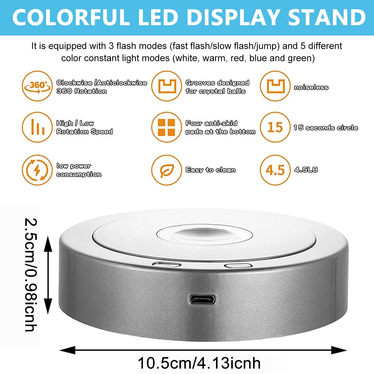 HASTHIP® 1Pcs Rotating Display Stand, Display Stand with Colored Lights, Lighted LED Base for Glass Art with 4 Revolving & 8 Light Modes, USB Charging & Battery-Operated (Without Battery)