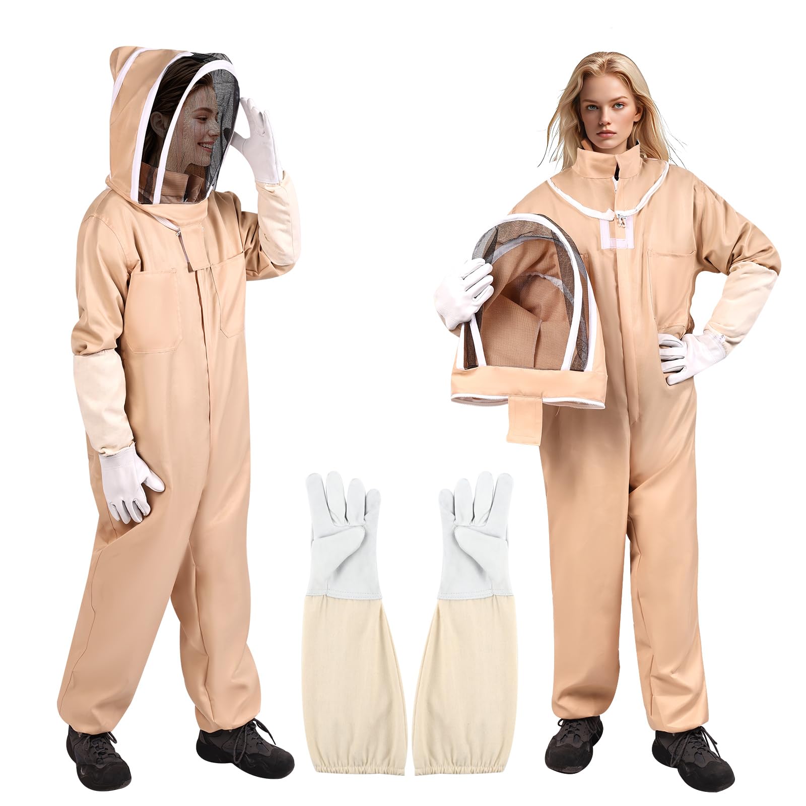 HASTHIP® Beekeeping Suit for Men Women, Full-Body Protective Beekeeping Suit, Zip-up Hood with See-Through Mesh Veil, Snug Fit Elastic Cuff, with Thicken Long Sleeve Work Gloves, XL