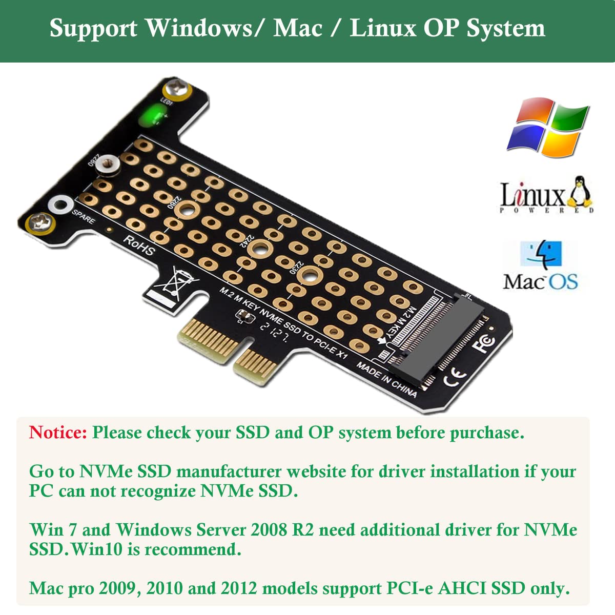 Verilux NVMe Adapter Card for M.2 PCIe 4.0 x1 SSD 2230–2280 | Supports x4 x8 x16 Slots