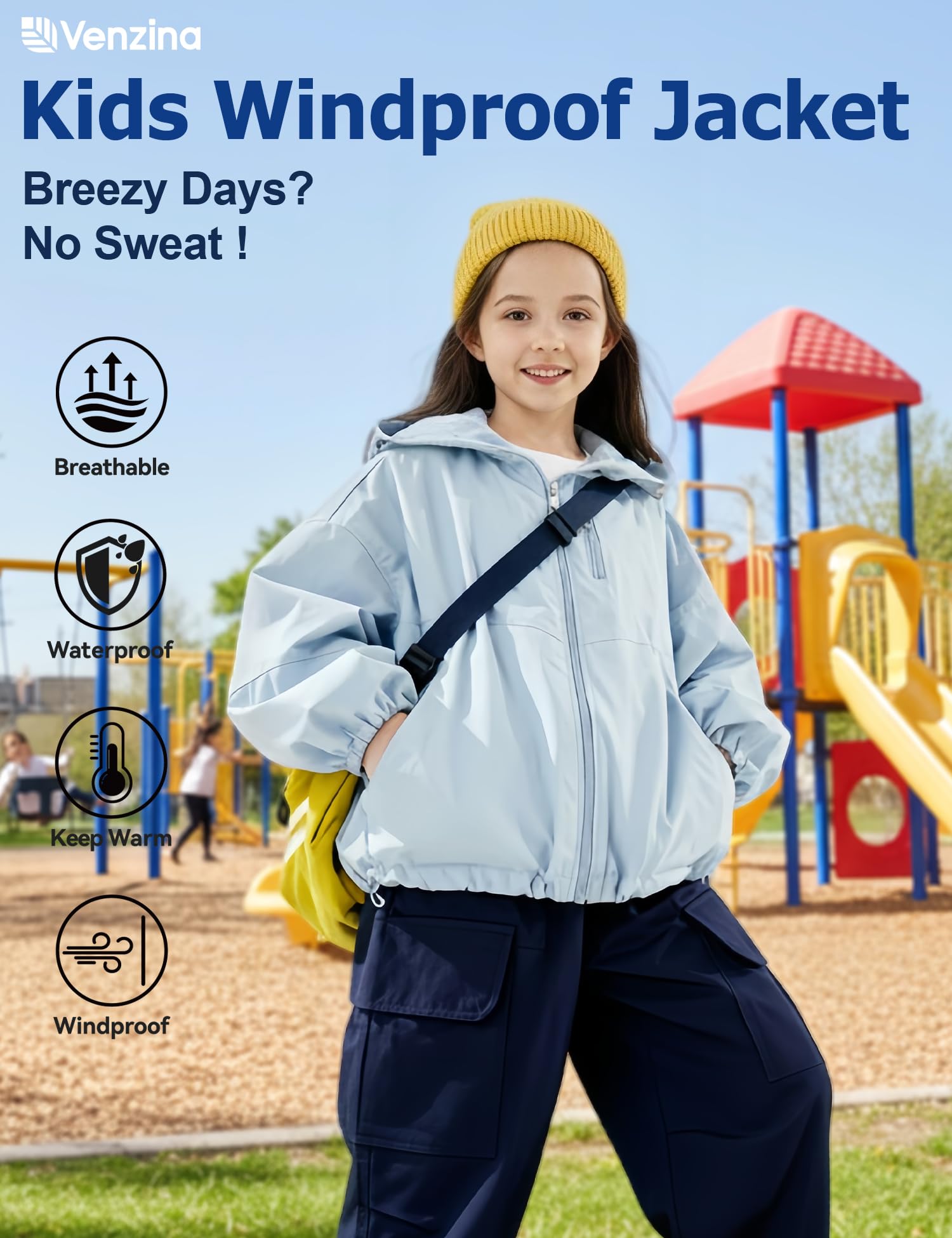 Venzina Kids Windbreaker for Outdoor Play with Adjustable Hood and Windproof Design 150CM