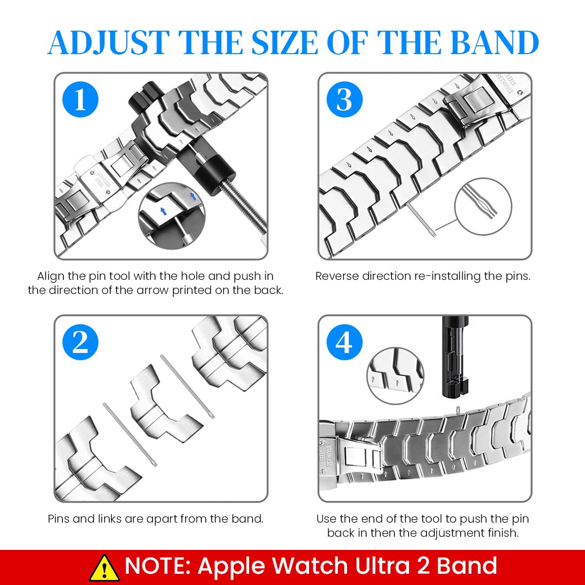 Stainless Steel Watch Band for Apple Watch Ultra 2 featuring Butterfly Clasp and 5.5–9.1 in Adjustable Links