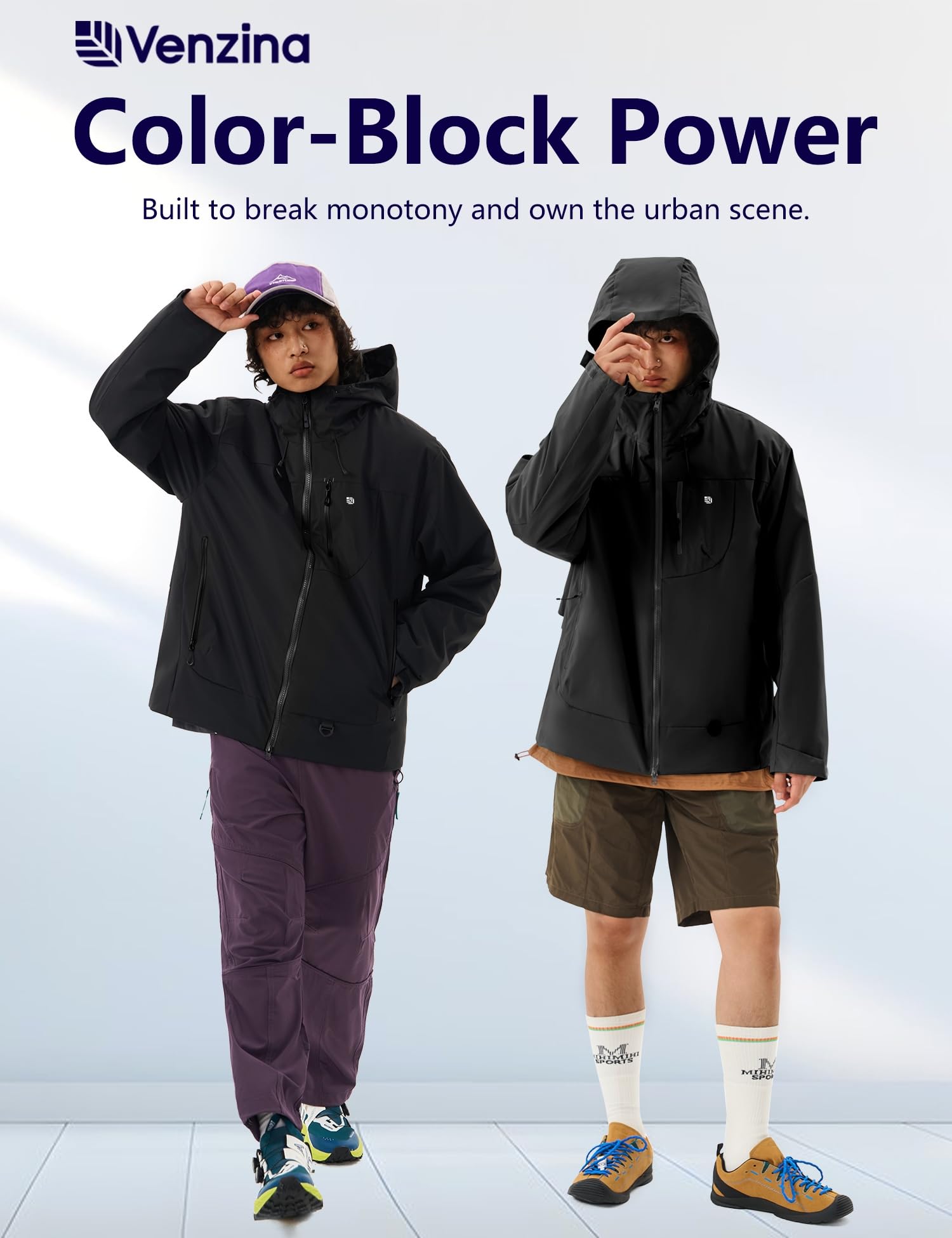 Venzina Men's Waterproof Rain Jacket for Urban Commuting with Breathable Windproof Fabric | Color Block Design