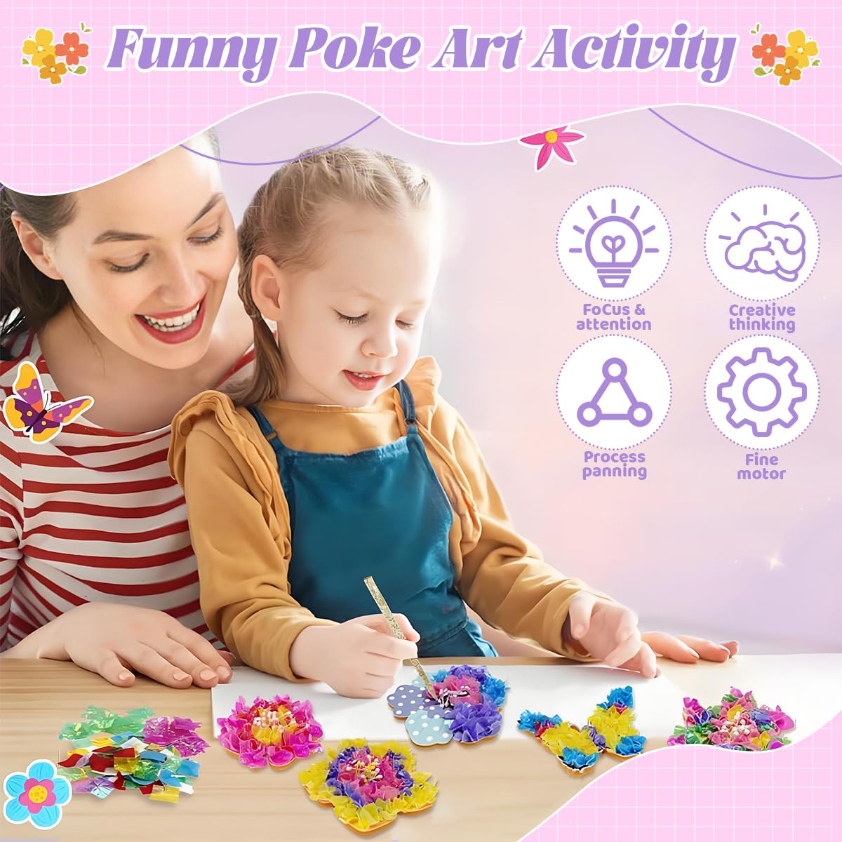 PATPAT Poke in Art Kit for Kids 6-12 with 800 pcs Fabric Squares and Sturdy Stems | Creative Flower Bouquet Craft Gift