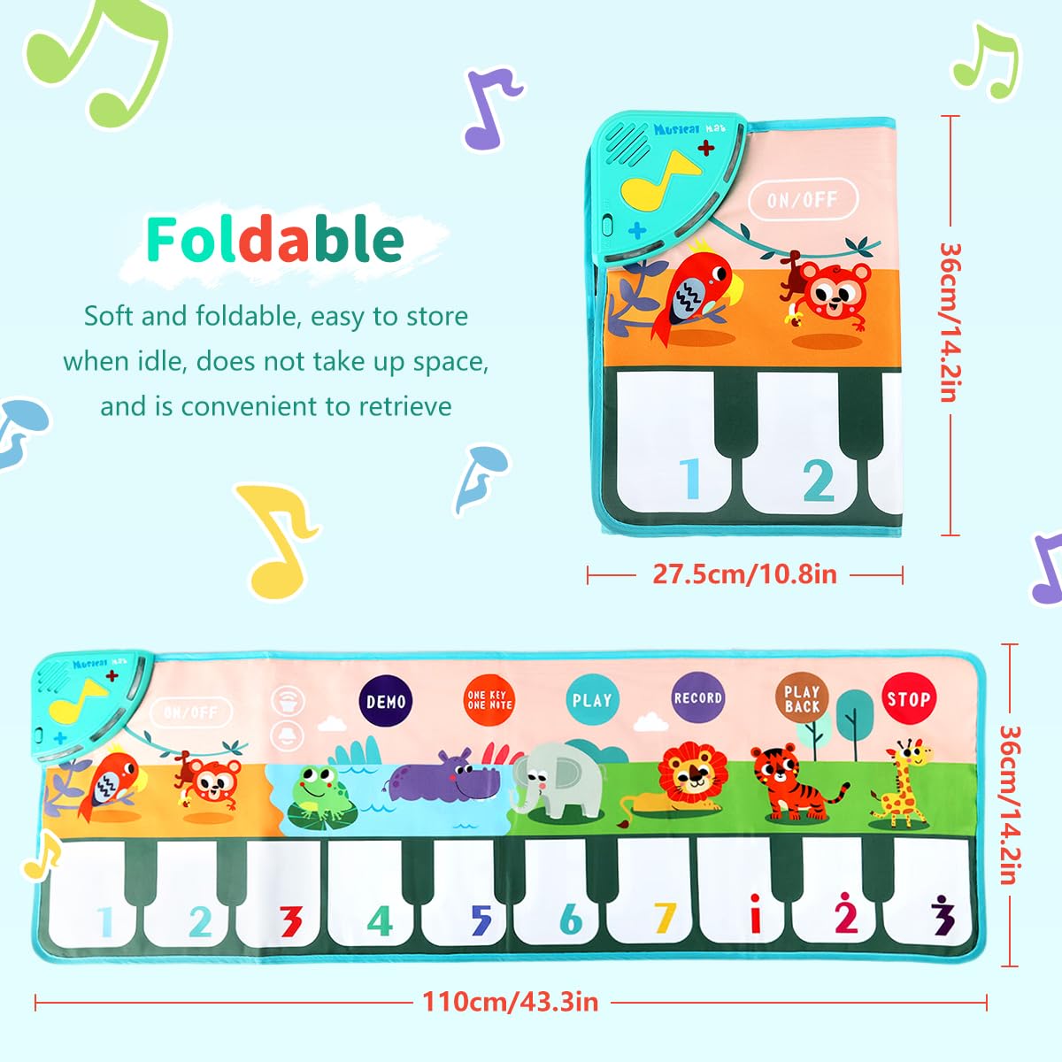PATPAT Piano Keyboard Musical Mat for Kids 43.3x14.2in with 10 Sounds | Educational Toy