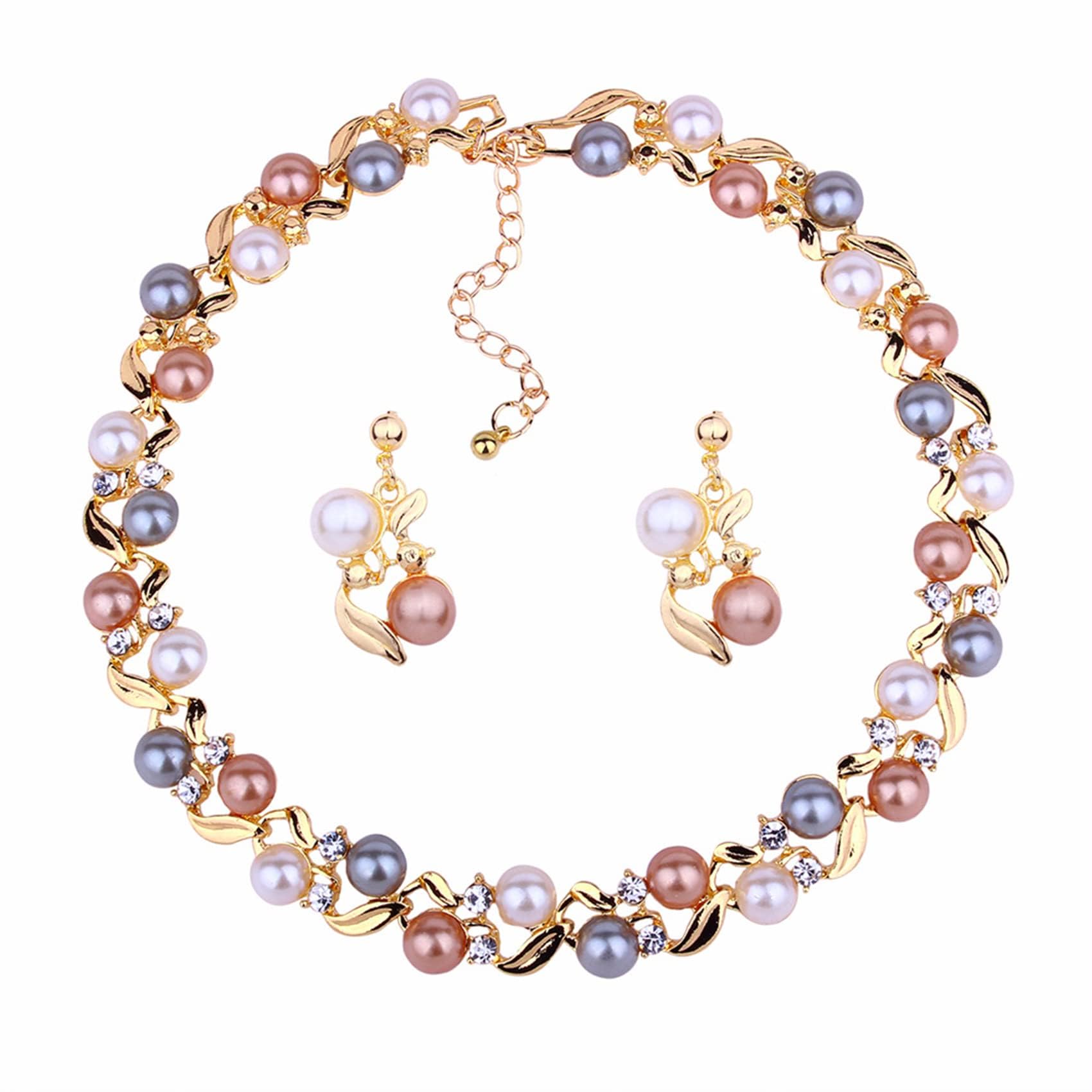 ZIBUYU® Pearl Necklace & Dangle Earrings for Women, Vintage Dual Color Acrylic Pearl Rhinestone Alloy Necklace Bold Colorful Pearl Jewelry for Wedding, Party, Club, Women Jewelry Gift Birthday Gift