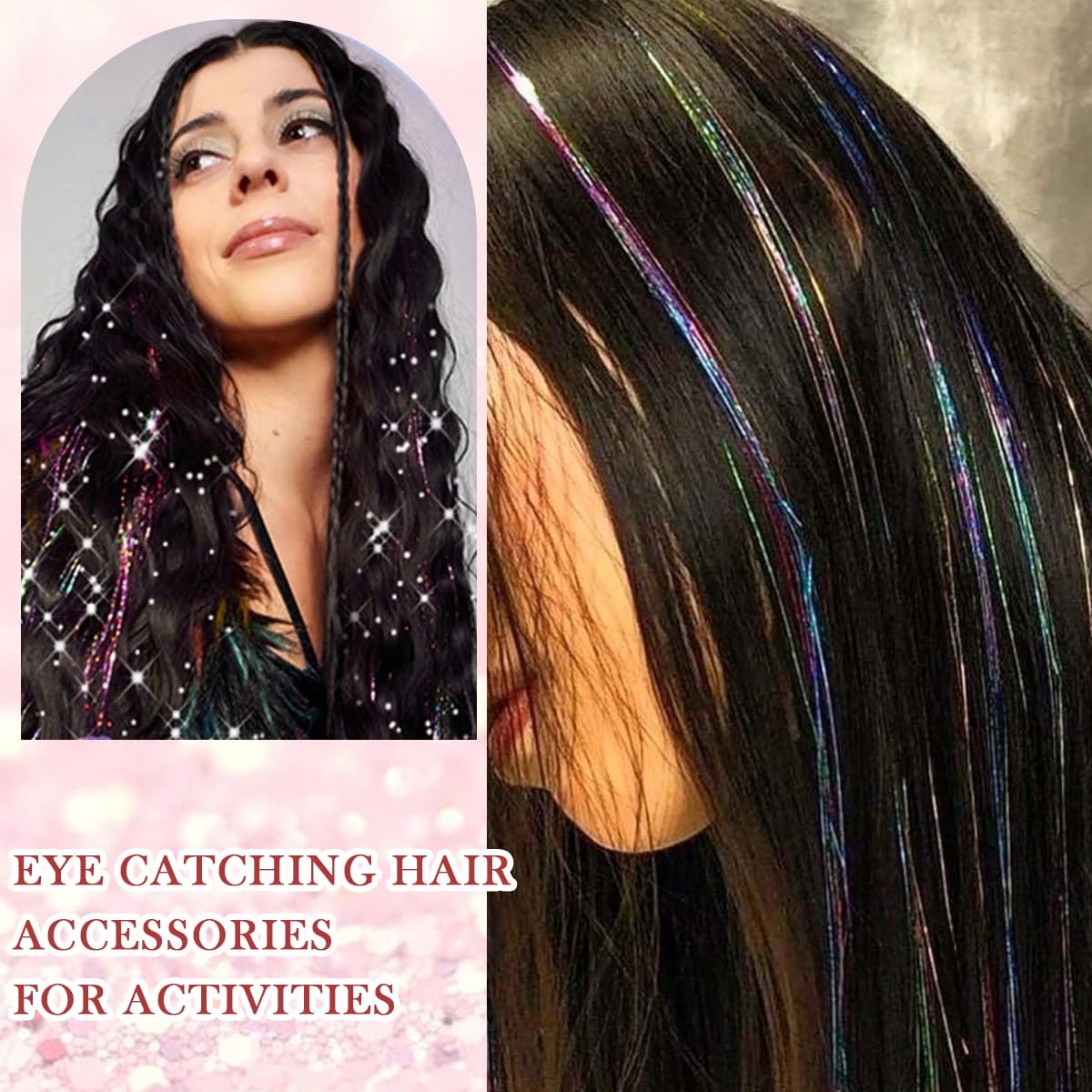 ZIBUYU Hair Tinsel Extensions for Party Styling with 6pcs 23.6 in Clip-on Rainbow Strands | Fairy Hair Accessory