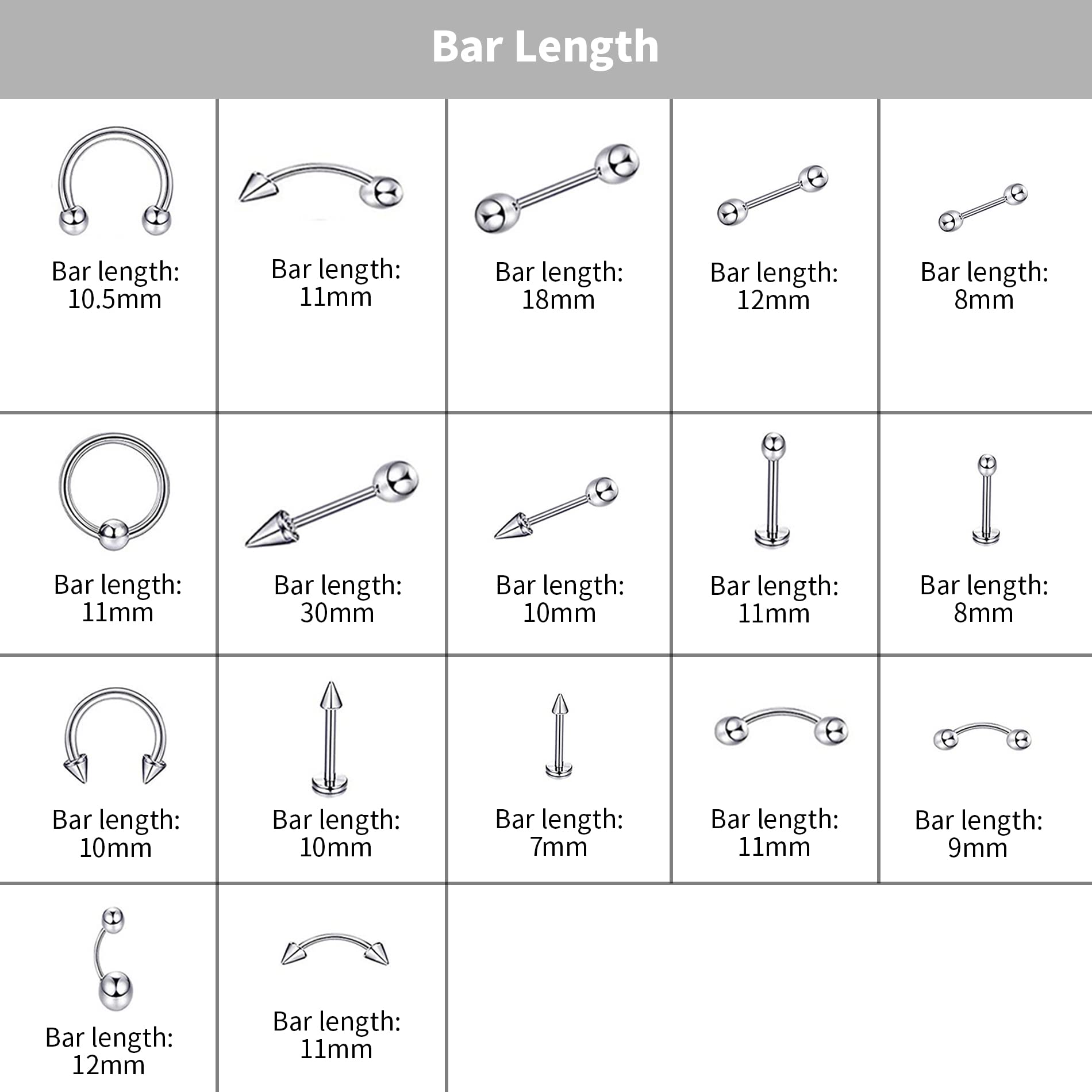 MAYCREATE Piercing Jewelry Set for Lip Tongue Eyebrow Nose Belly | 170pcs Stainless Steel