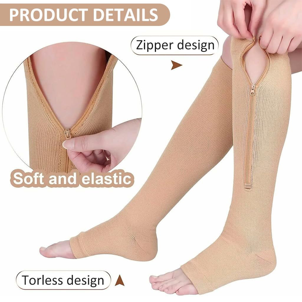 HANNEA Compression Socks for Leg Circulation with 15-20mmHg Support and Zip-Up Open Toe Design
