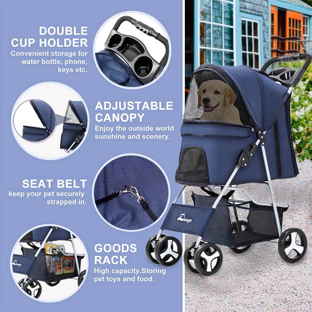 Qpets® 4 Wheels Foldable Pets Stroller for Dogs and Cats with Sunvisor, Brake Wheel, Storage Case, Cup Holder Multifunction Dog Cat Cage Jogger Stroller for Medium Small Dogs Cat(Under 15KG)