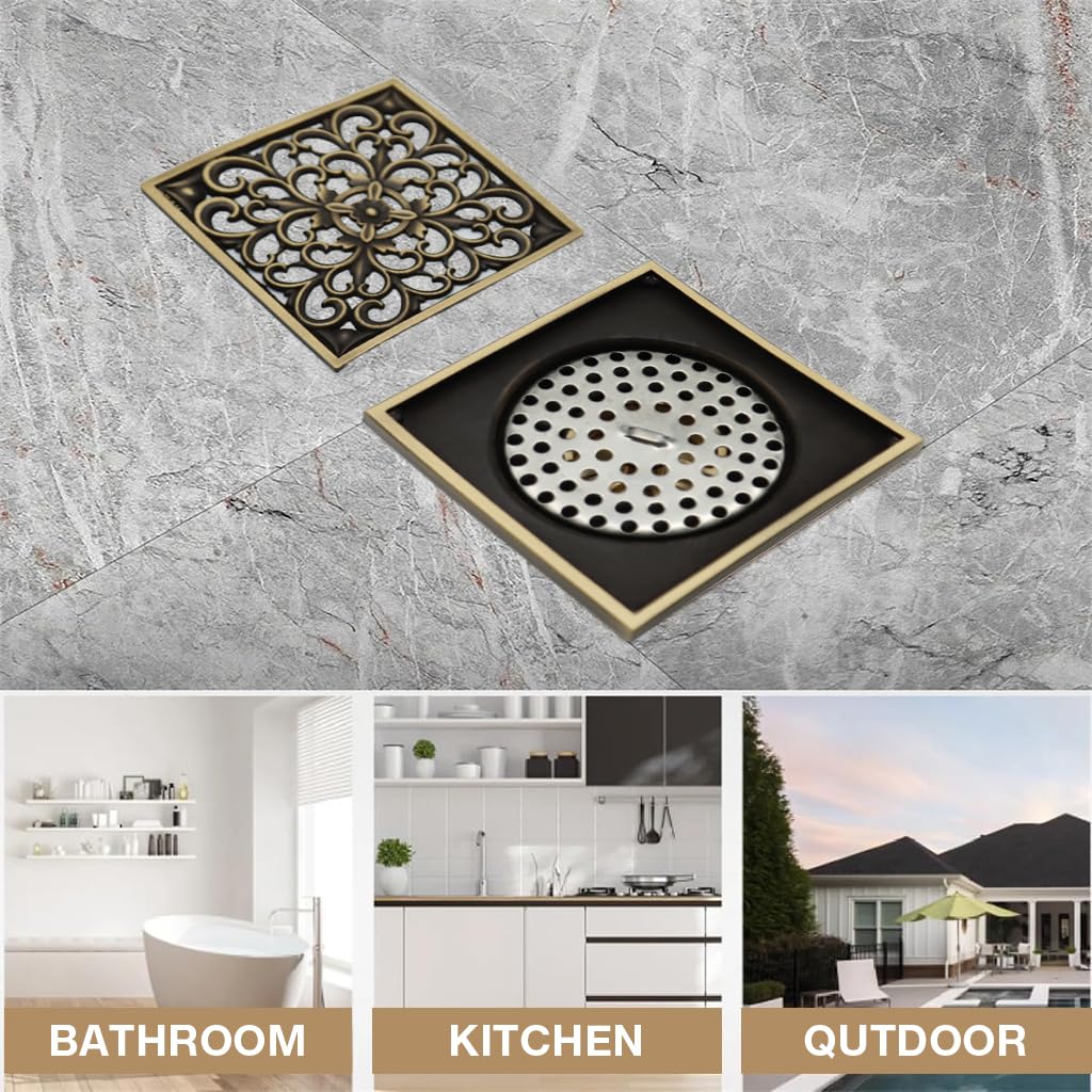 HASTHIP Bathroom Floor Drain for Shower with Self-Opening Anti-Odor Mechanism | 3.93 in Antique Brass Square Featuring Floral Cut-Out Cover