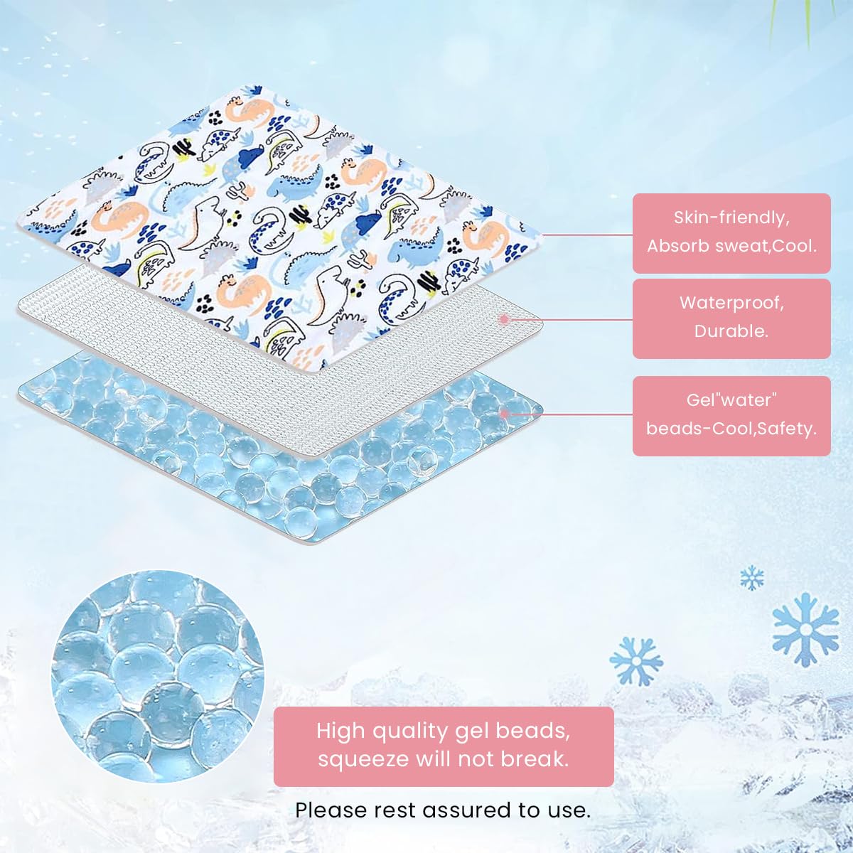 SNOWIE SOFT Baby Cool Mat for Stroller and Bed 26.8 x 13 in with Gel Beads & Anti Slip Backing | Cotton Cover for 0 3 Years