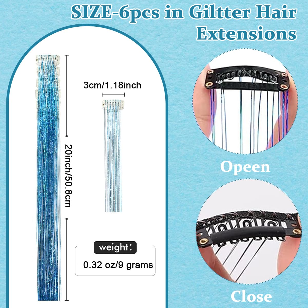 MAYCREATE® 6pcs Hair Tinsel Hair Extensions for Women Girls Blue Glitter 20'' Clip-in Fairy Hair Tinsels Highlight Sparkling Tinsel Hair Clips for Party, Festival