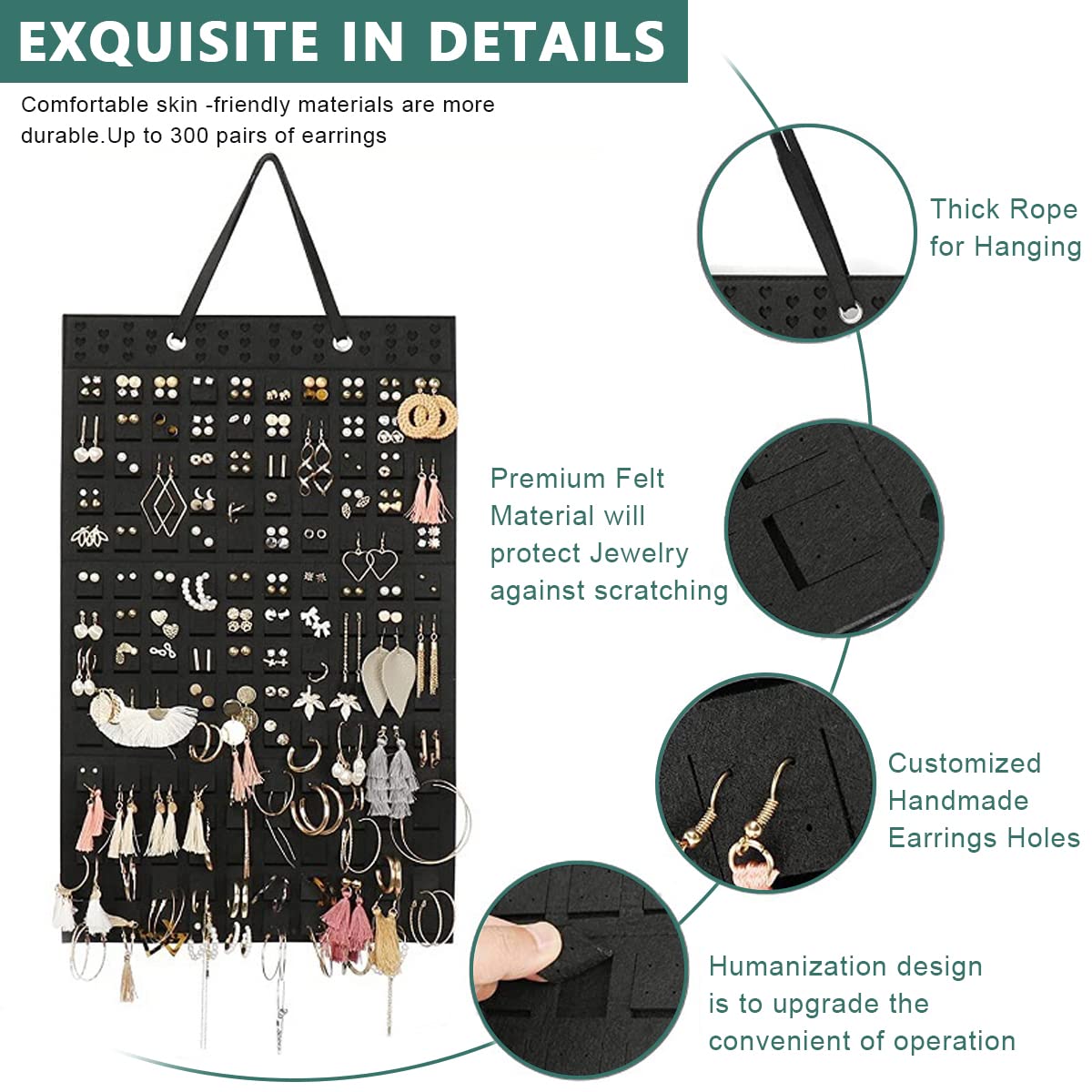 HASTHIP Wall Hanging Jewellery Organizer for Earrings and Necklaces with 35x70 cm Felt Board | Black Storage Display for Women