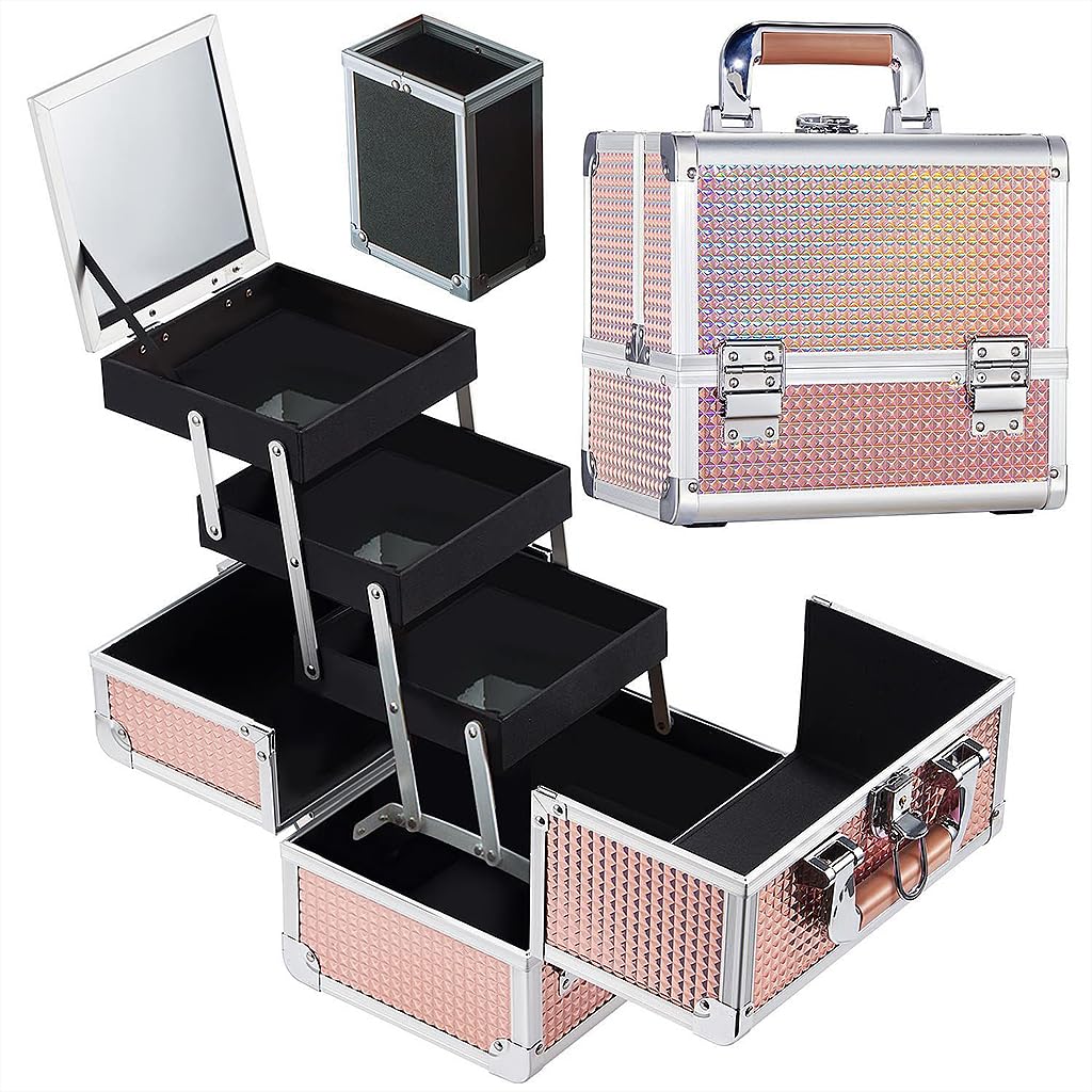 MAYCREATE Makeup Organizer Suitcase for Travel with 3 Layer Stackable Drawers and 9.8x7x9.25 in Aluminum Build | Includes Mirror and Brush Holder