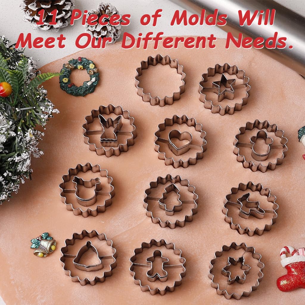 HASTHIP Christmas Cookie Cutter Set for Holiday Baking with 11 Shapes and Wavy Rim Design