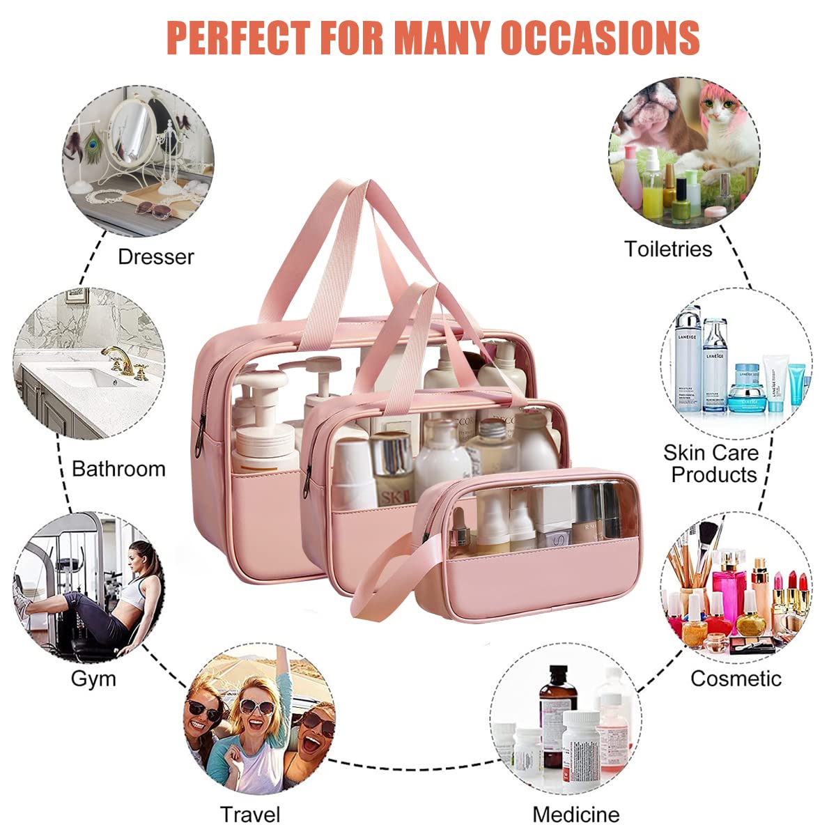 MAYCREATE 3 Pcs Clear Makeup Pouch Set Cosmetic Organizer Bag for Women and Girls Travel Waterproof Toiletry Storage Kit for Home Travel Use (Rose Pink)