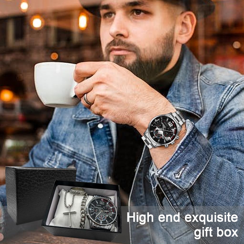 Proberos Watch Bracelet Set for Men with Cross Pendant and Cuban Chain | Alloy Steel Jewelry