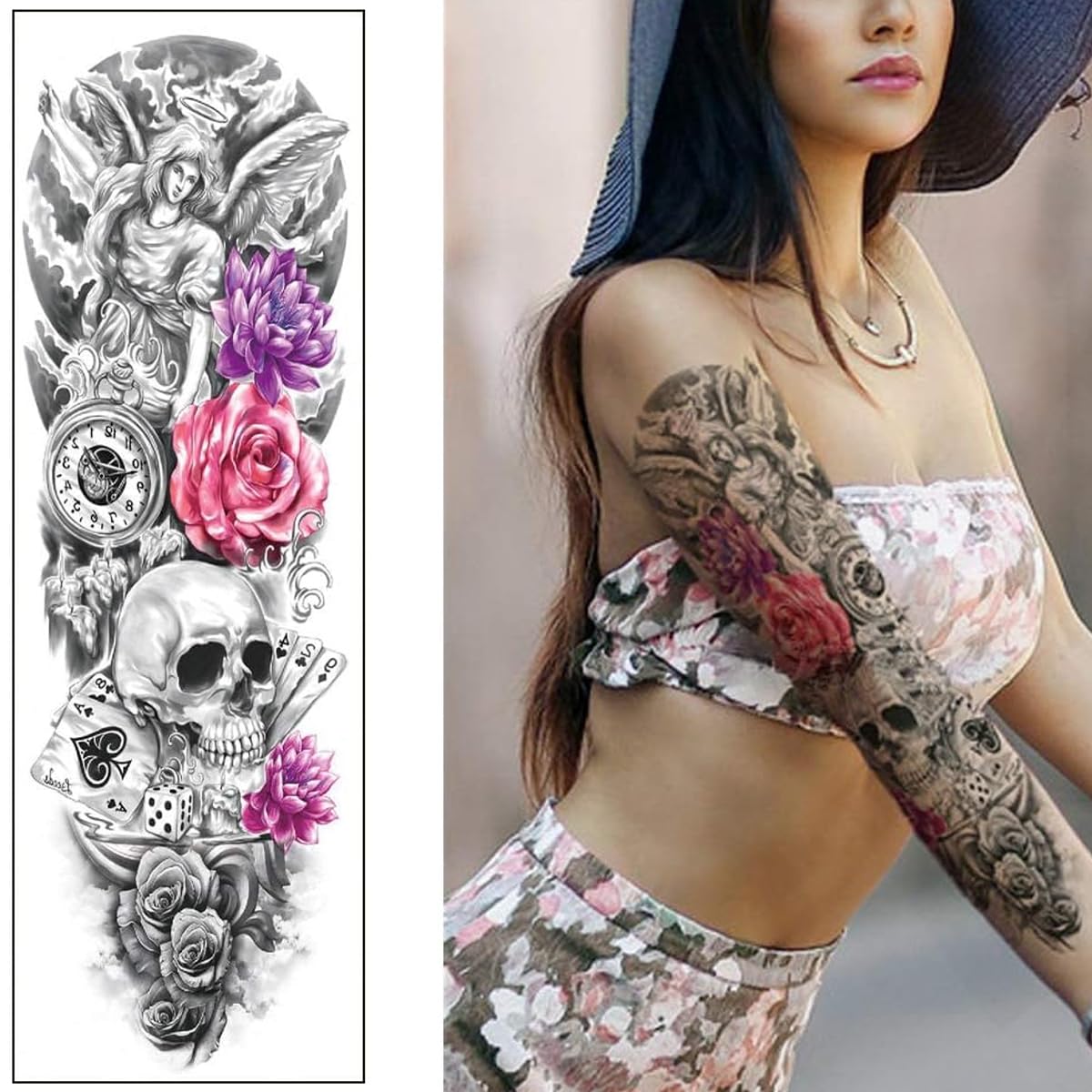 MAYCREATE Temporary Tattoo Stickers for Men and Women with 6 Sheets 48×17 cm Waterproof Designs | Ideal for Party and Club