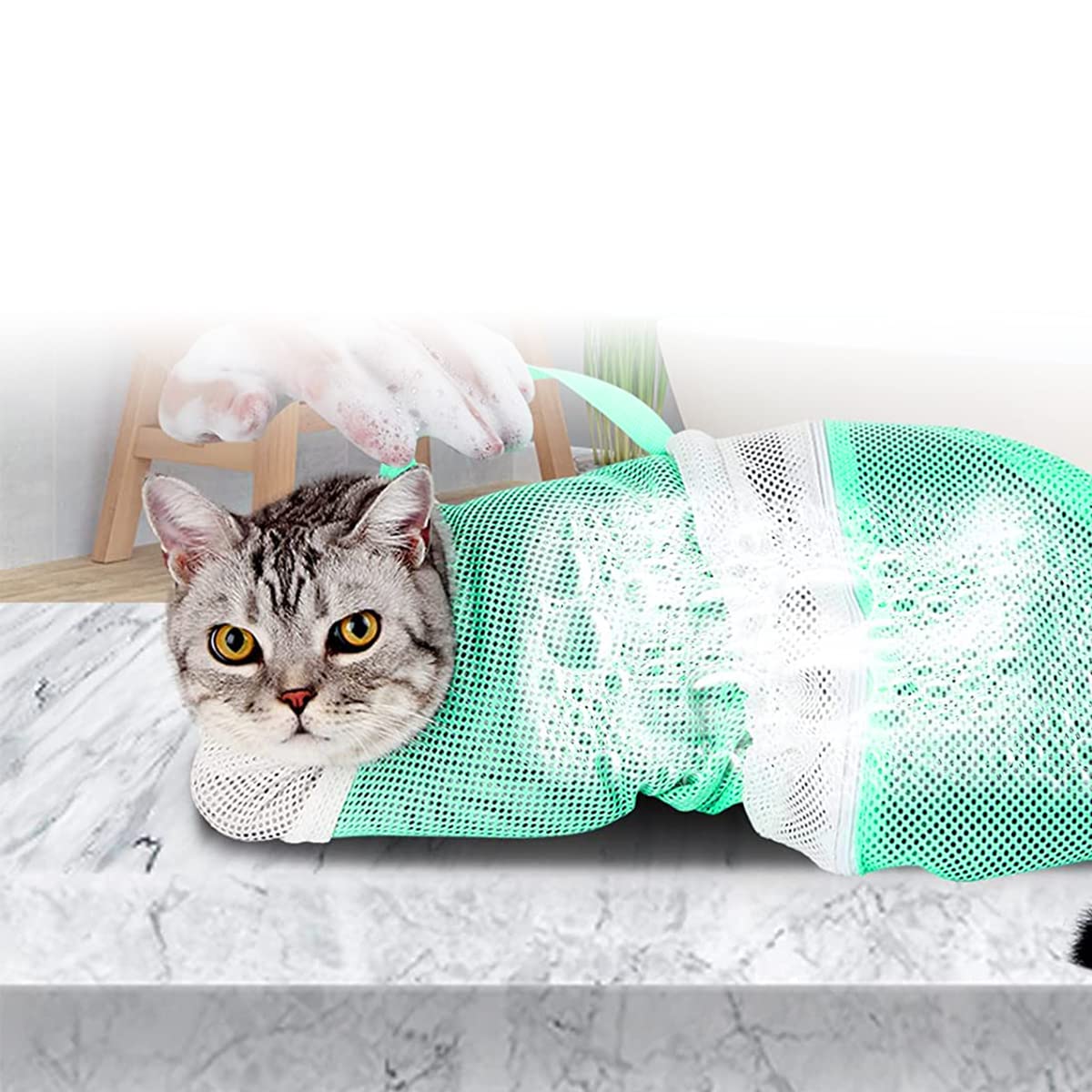 Qpets Cat Bathing Bag for Grooming and Medicine Use with 3 Drawstrings Mesh Green | Safe Restraint