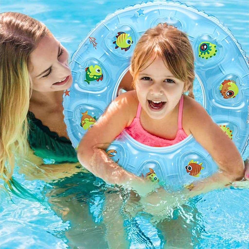 Proberos® Dual-Inflatable Baby Float With Sunshade - Parent-Child Interactive Swimming Ring, Steering Wheel Toy, Durable PVC, UV Protection Canopy, 110x65cm for 6-48M Infants, Kids Swimming Tube