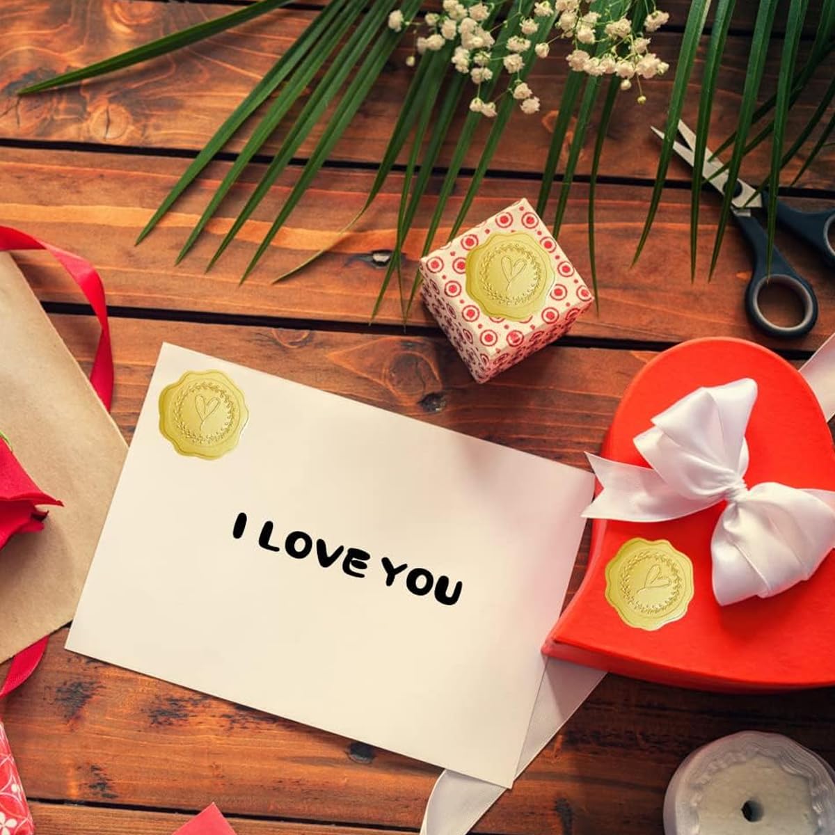 Climberty 250pcs Wax Seal Stickers, Self-Adhesive Gold Embossed Wax Seal Sealing Stickers, Heart Envelope Seals for Wedding Invitations/Greeting Cards/Party Favors, 3.4 x 3.7cm per one