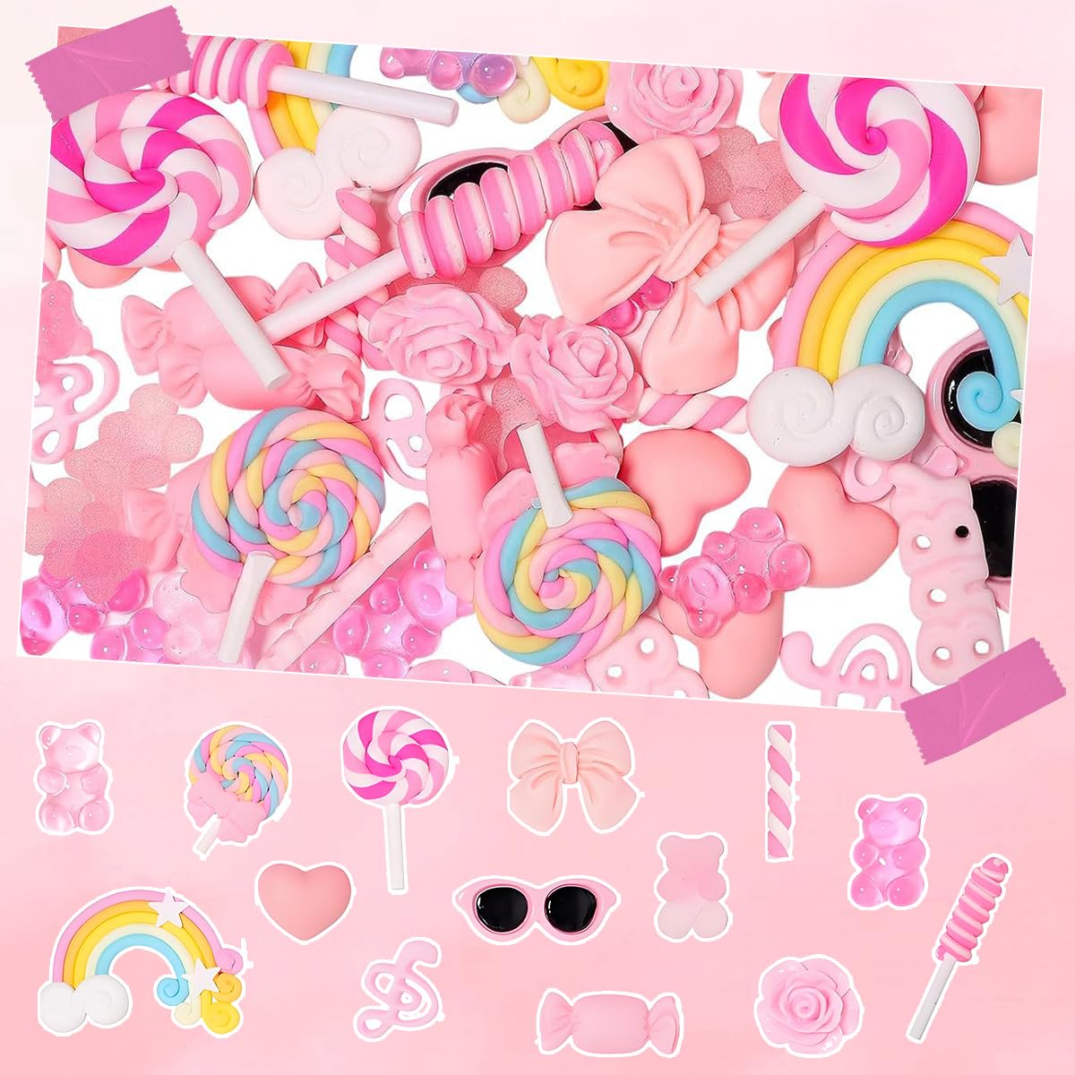 HASTHIP Phone Case Charm Set for DIY Crafting with 60 Flat Back Resin Pieces | Pink Sweet Theme