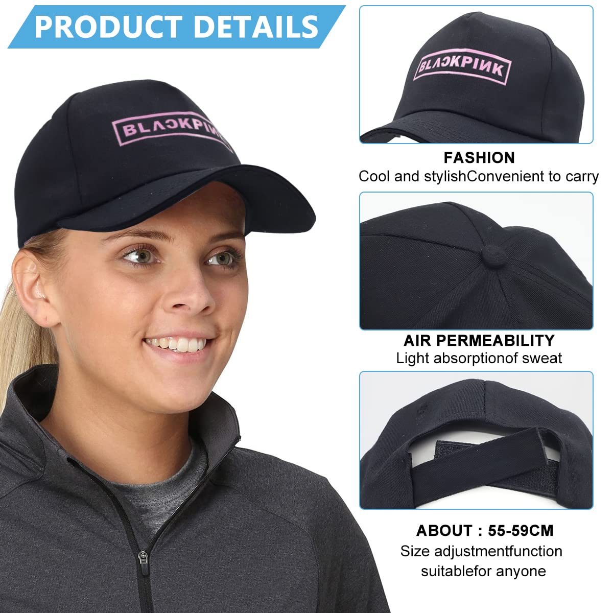 GUSTAVE Blackpink Baseball Cap for Outdoor Activities with Adjustable Closure and 22–23.6 in Fit | Breathable Mesh Hat for Men and Women