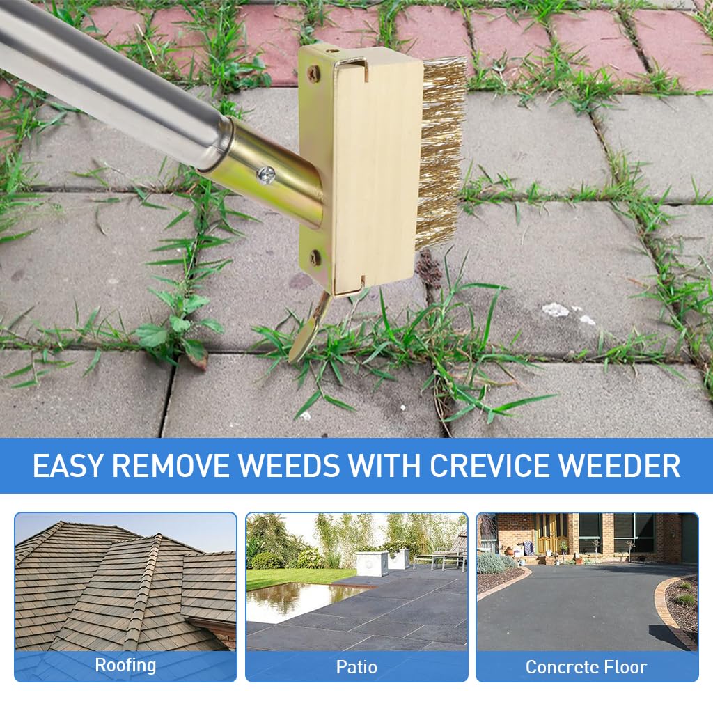 Supvox Weed Crack Cleaning Brush for Sidewalk and Garden with 62.9 in Adjustable Handle | Featuring Stiff Wire Bristles and Metal Weed Remover