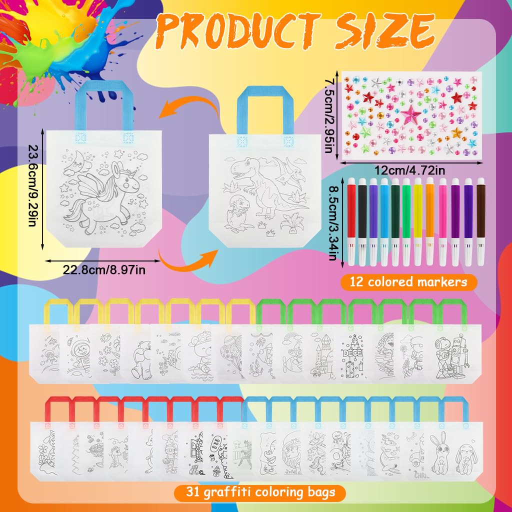 PATPAT Coloring Goodie Bags for Kids Birthday Party with 31Pcs DIY Drawing Kit | Non Woven Reusable Tote 22.5x23.8cm