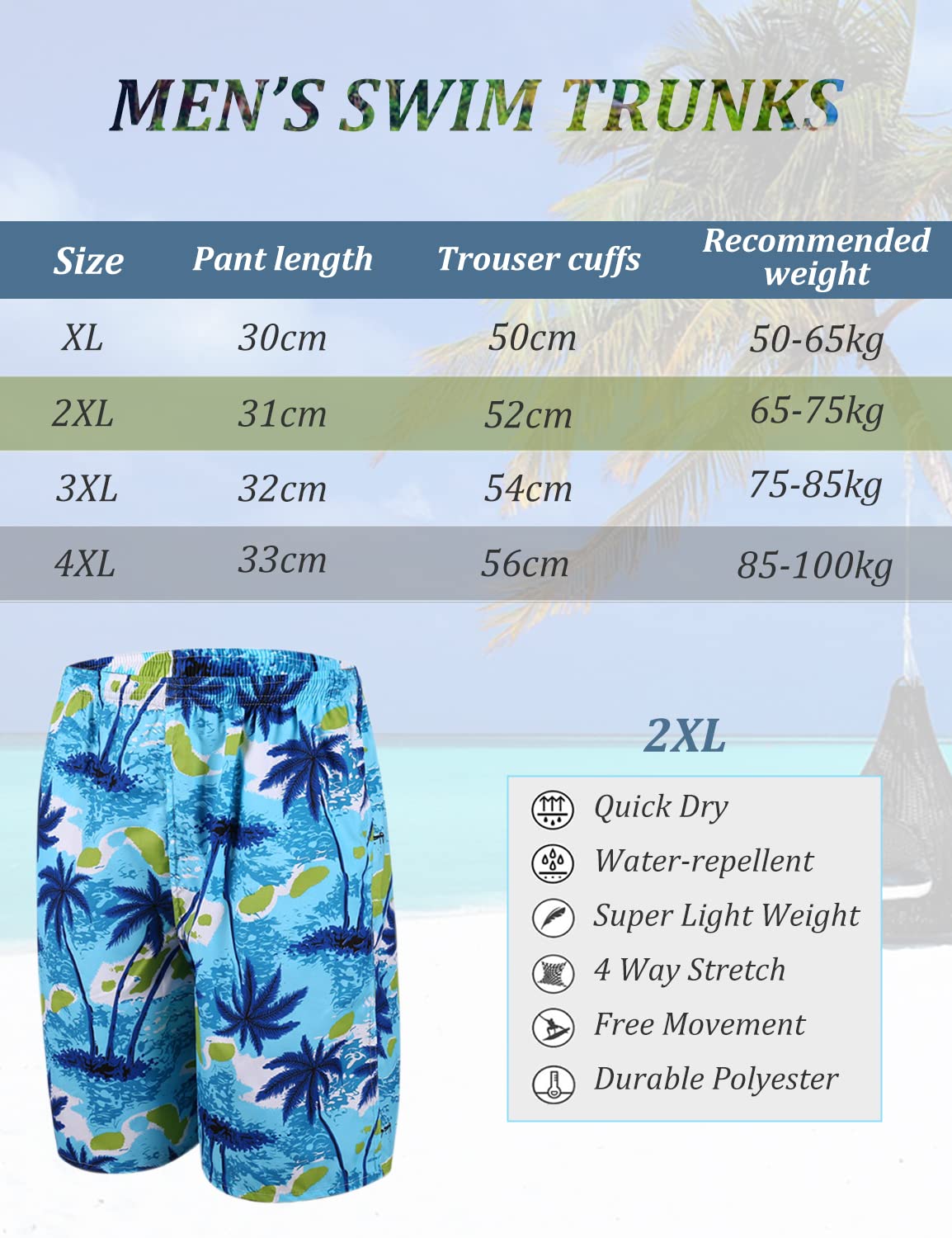 GUSTAVE® Swimming Trunk for Men, Coconut Tree Print Swim Trunks for Men, Quick Dry Board Beach Shorts Swimwear - Knee Length, Elastic Drawstring Closure (Size XXL, Suit for 65-75kg)