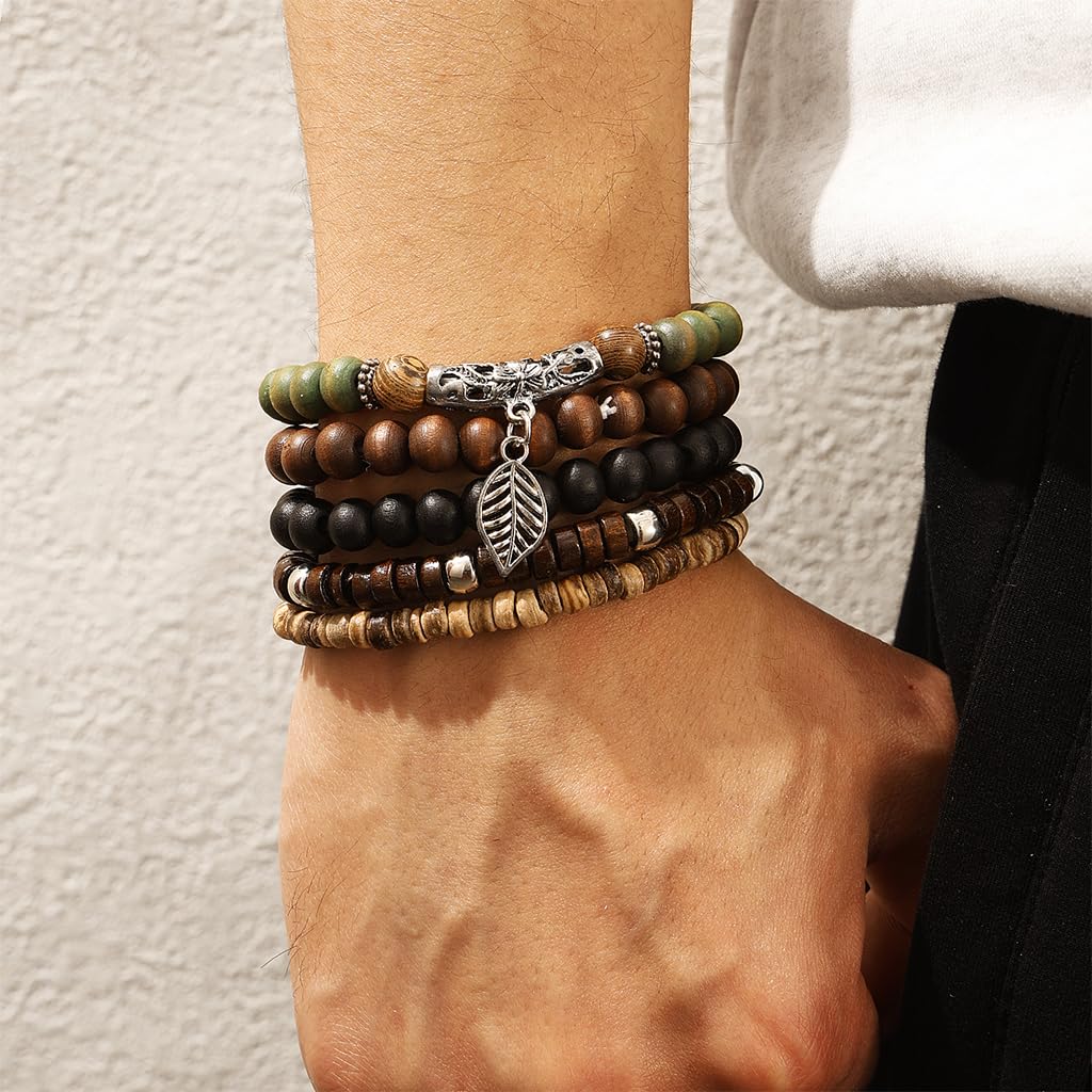 GUSTAVE Multi Layer Beaded Bracelet Set for Daily Wear with Wooden Beads and Alloy Charms | 5 Piece Boho Jewelry for Men and Women